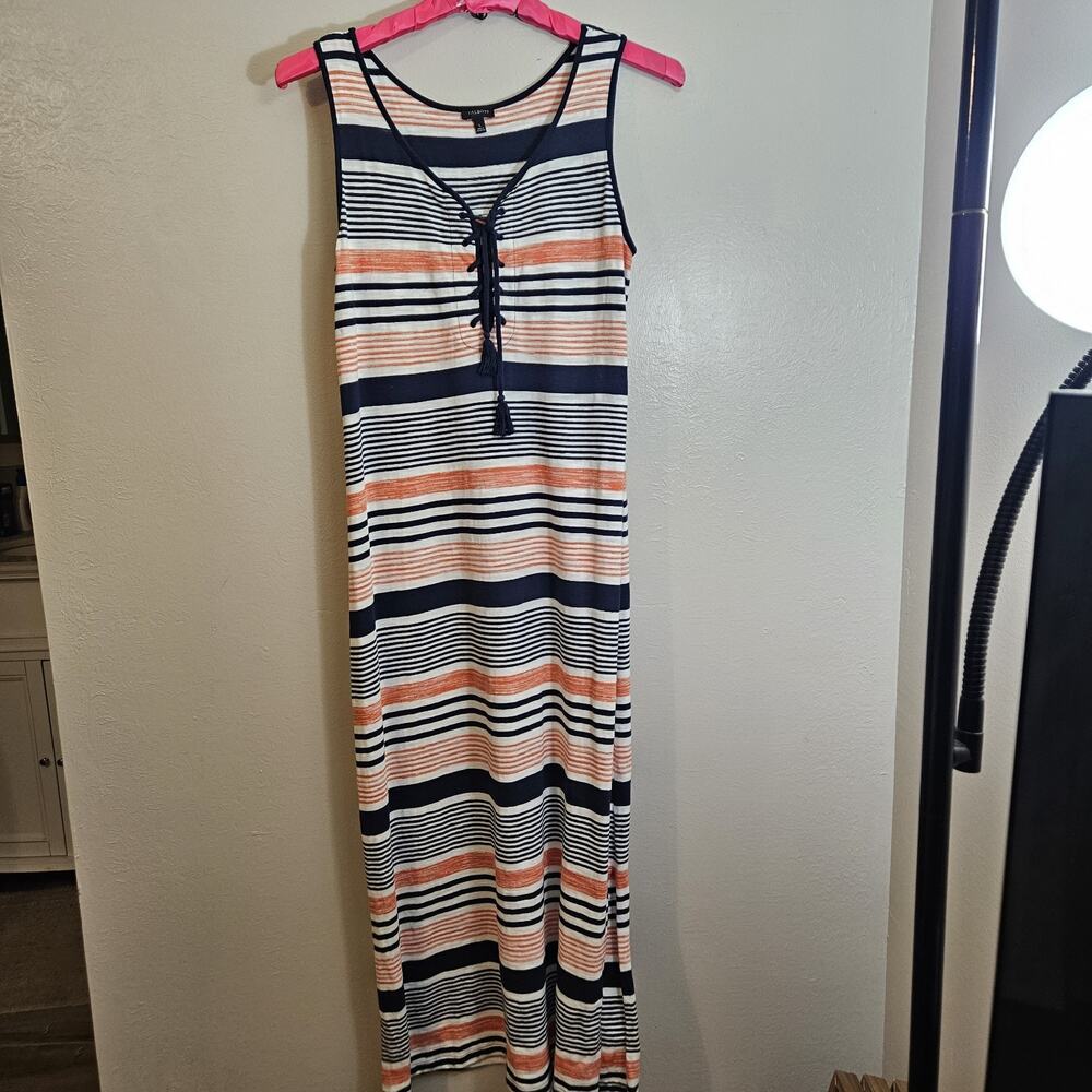 Talbots Navy Orange Striped Coastal Maxi Dress Lace Up Tasseled 100% Cotton L